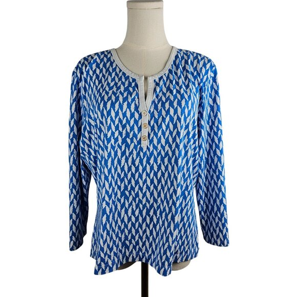 J.McLaughlin Catalina Knit Top Sz XL Blue & White Geometric Print Long Sleeve - Picture 1 of 9